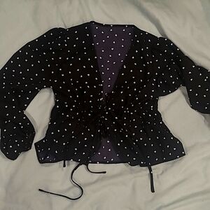 SHEIN Black long sleeve blouse w/ small white hearts tie front szS